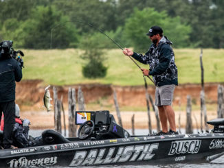 Lee Livesay landing some of the fish that helped him claim $100,000 as champion of the Bassmaster Elite event on Lake Fork, Texas. (Photo courtesy of BASS)