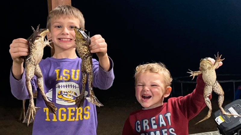 Brothers Jase LeBlanc, 8, and Jaxton LeBlanc, 3, of Ponchatoula pictured with their catches from a night off of the Joyce WMA. 