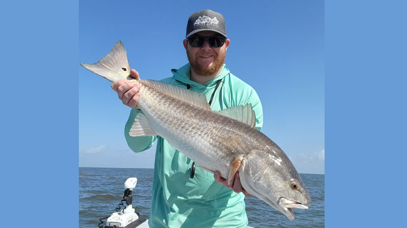 Dalton Guidry with a redfish from an April 25, 2022 trip around Fourchon and Philo Brice Island.