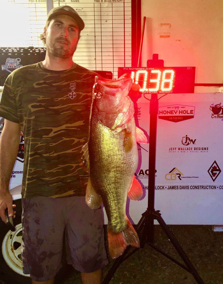 Tyler Lewis landed this double digit 10.38-pound monster on Lake Claiborne.
