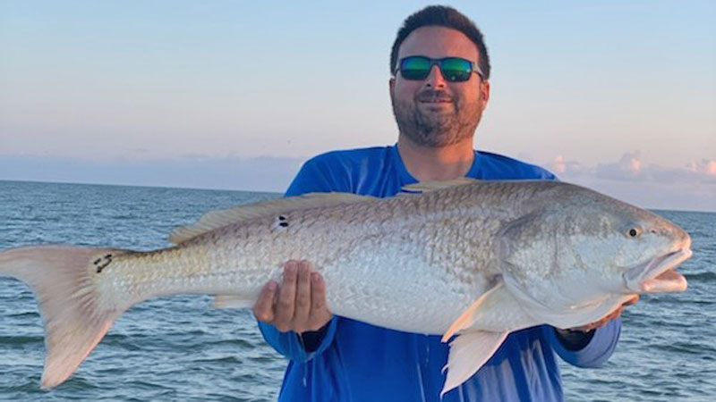 Dooley caught this huge redfish while schooling at the Cameron jetties on Aug. 16, 2022.