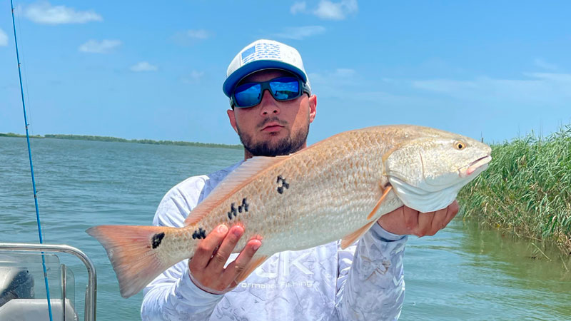 Brodey Lege’ was fishing in Venice on July 30, 2022 when he used a purple and chartreuse Matrix Shad to catch this redfish on his new boat.