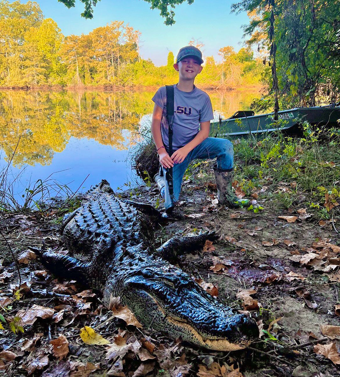 Nine-year-old Caleb Hardwick killed this 9-foot, 9-inch gator hunting with his dad, Mead, and grandma, Mary, on Somerset Plantation in Tensas Parish guided by Dr. Buba Bonneval.