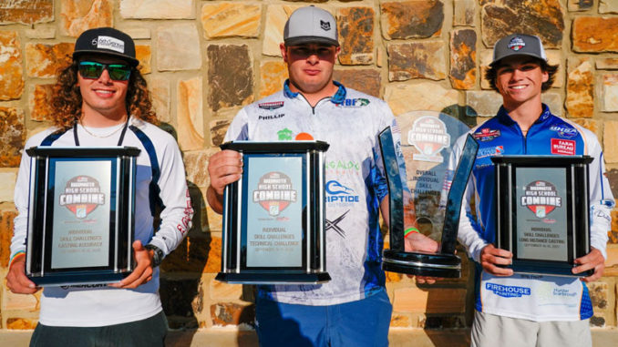 Alex Standerfer of New London, Wis., (Casting Accuracy), Phillip Herring of Richton, Miss., (Technical Challenge & Overall) and Nathan Preston of Newnan, Ga., (Casting Distance) took home awards at the 2022 Abu Garcia Bassmaster High School Combine presented by Skeeter. (Photo courtesy Kyle Jessie/B.A.S.S.)