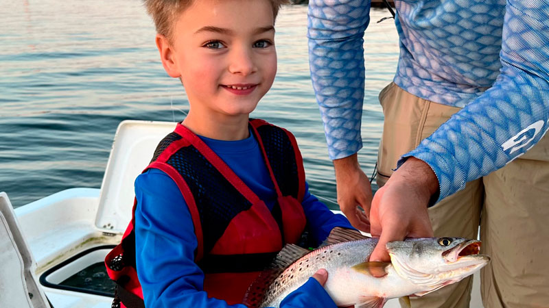 David Flores, 6, hooked his first speckled trout on his first fishing trip in Lake Borgne back in October 2022.
