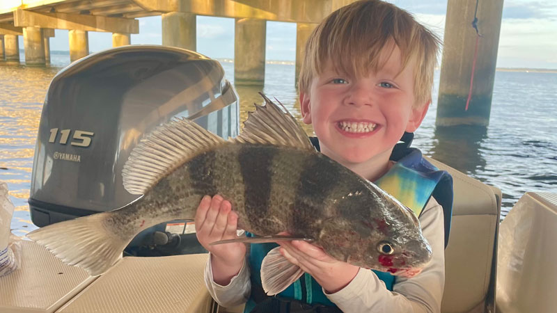 Three-year-old Gentry Ricks was fishing dead shrimp on a 3/8-ounce jig when he caught this 18-inch black drum at the Lake Pontchartrain Causeway in late October.