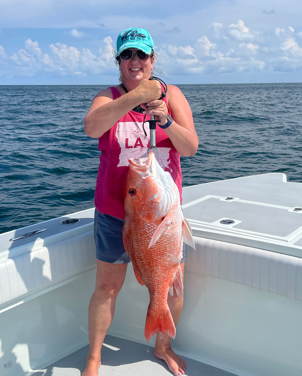 Allowing more state control over counting and managing red snapper was one of the hot topics at the recent ASA annual Sportfishing Summit. Here is Jodi Mallett with a red snapper caught in Fourchon with Capt. Kurt O’Brien.