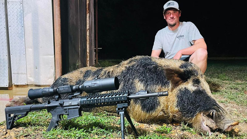 Wayne Patton killed this 300+ pound boar with his Diamond Back AR-15 using an ATN night vision scope in Arcadia, La.