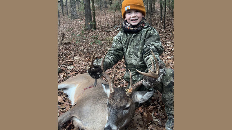 Jameson Smith, 9, with the great buck he got on Dec. 3, 2025 in Area 2, Bienville Parish.
