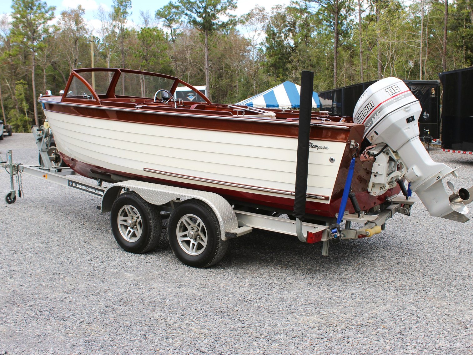 4.30.26 | #9547 • CLASSIC 18’ WOODEN RUNABOUT BOAT w/ JOHNSON 115 FASTSTRIKE, TRAILER & COVER