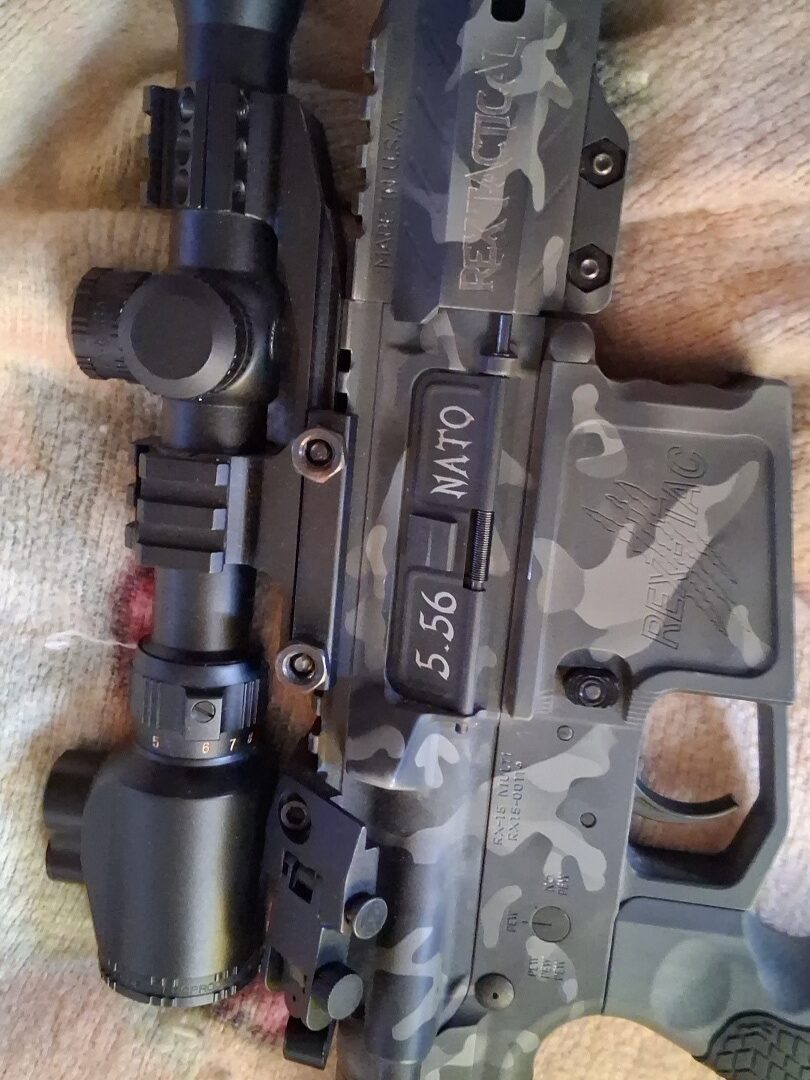 Rex Armory AR-15 with scope 45° angle sights about 10:30 round mags full of green tip ammo the best of everything