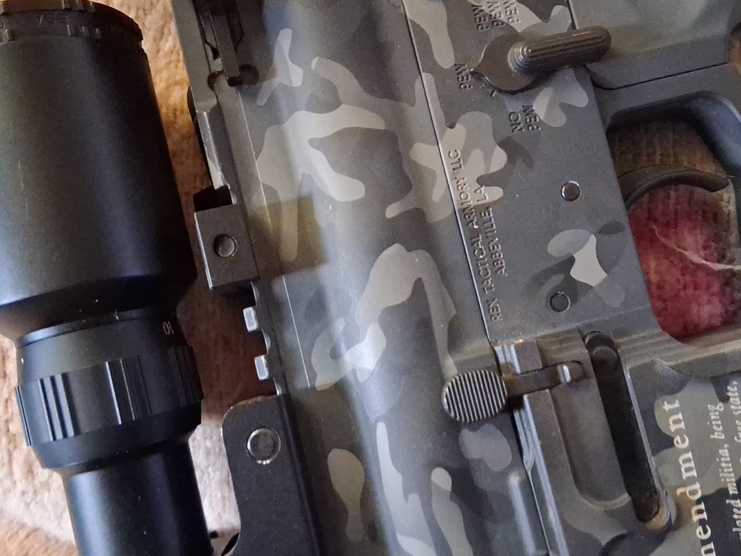 Rex Armory AR-15 with scope 45° angle sights about 10:30 round mags full of green tip ammo the best of everything