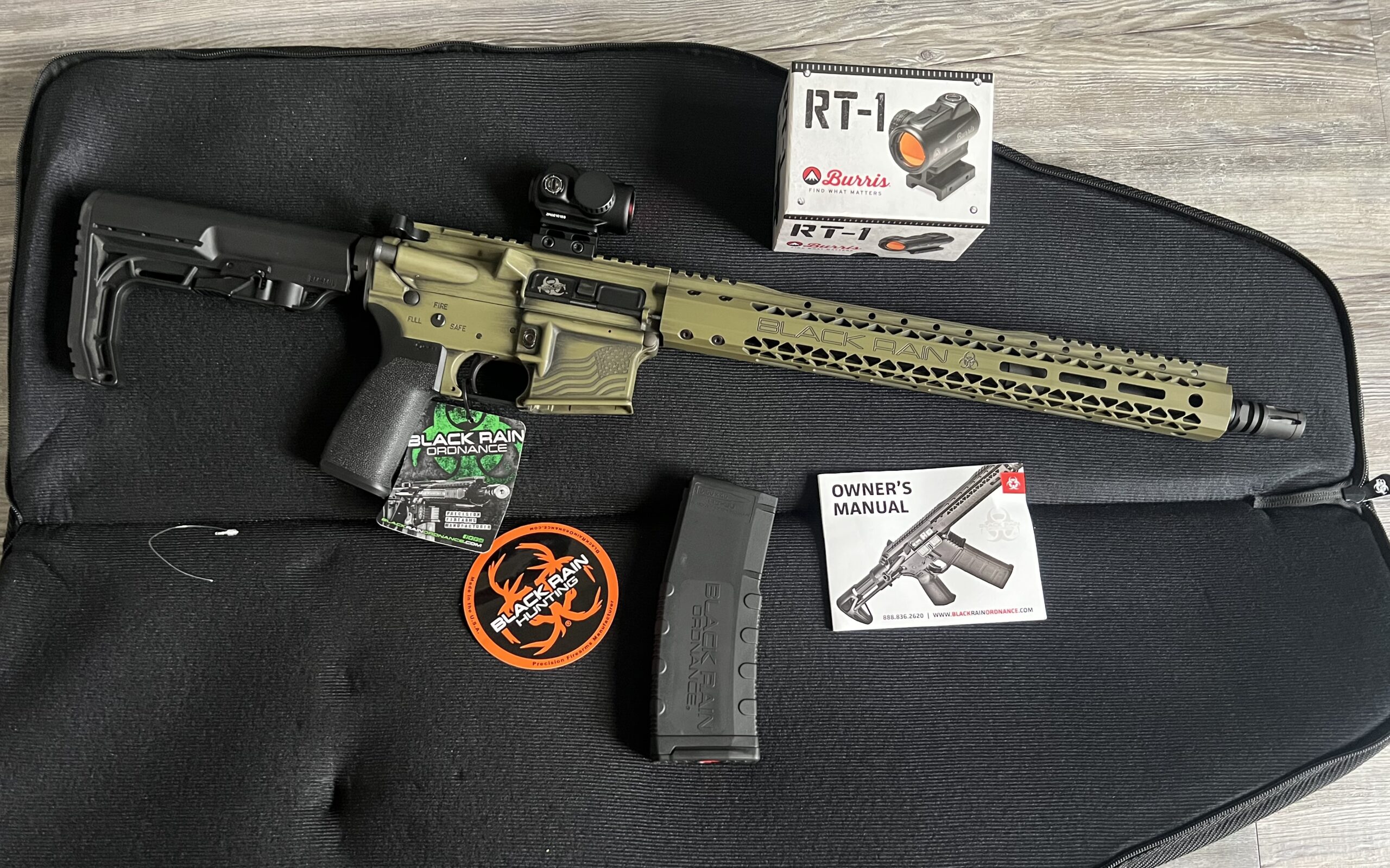 Black rain ordnance fallout American flag edition 5.56 with Burris red dot