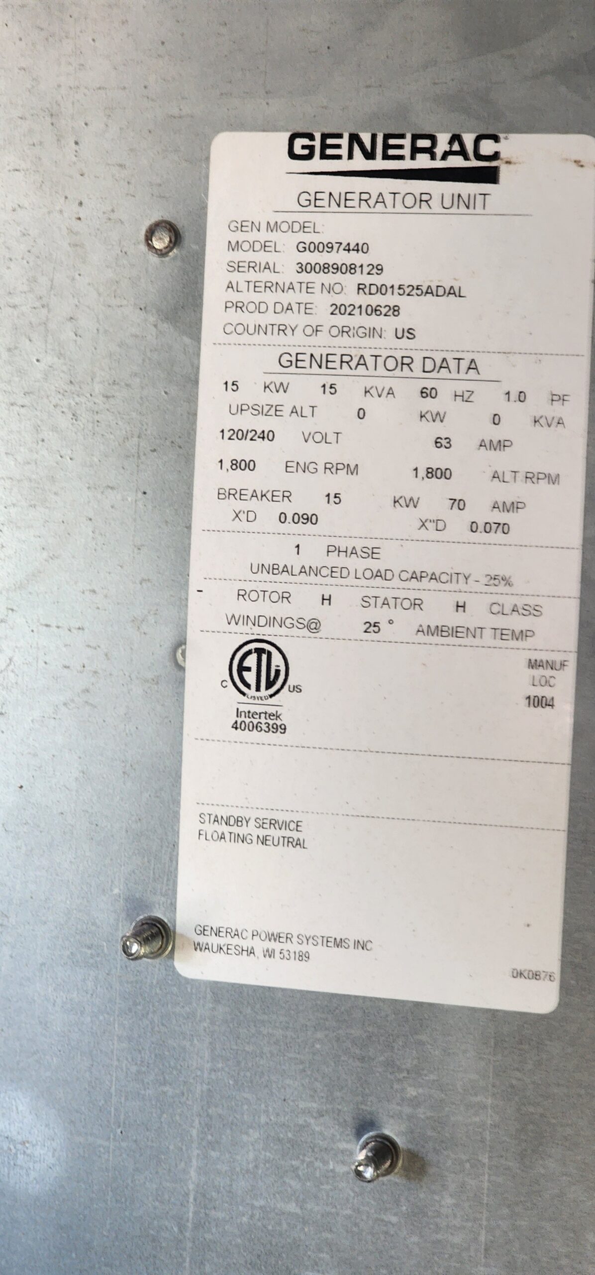 Generac 15kw diesel with 95 gallon tank