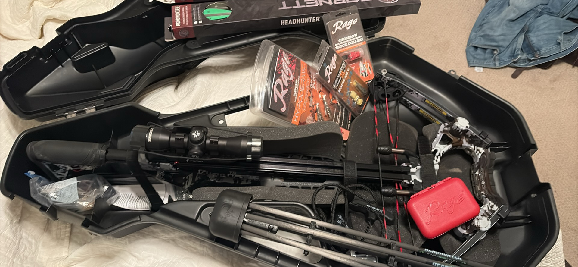 Barnett TS390 with case, bolts, rage broadheads, scope, and accessories