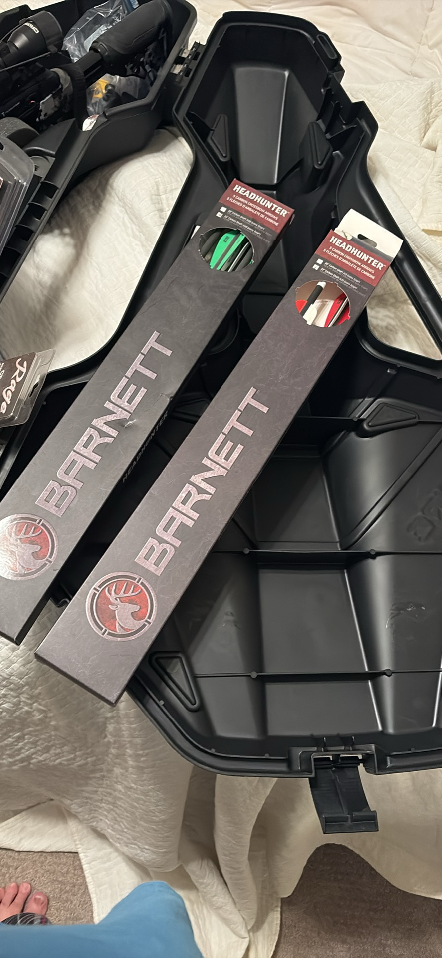 Barnett TS390 with case, bolts, rage broadheads, scope, and accessories