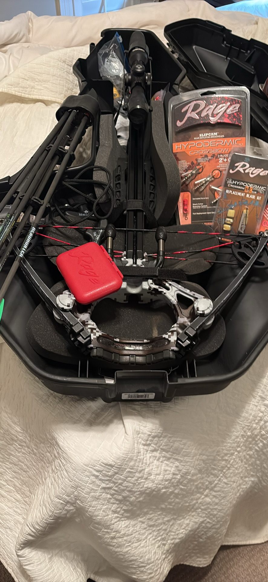 Barnett TS390 with case, bolts, rage broadheads, scope, and accessories