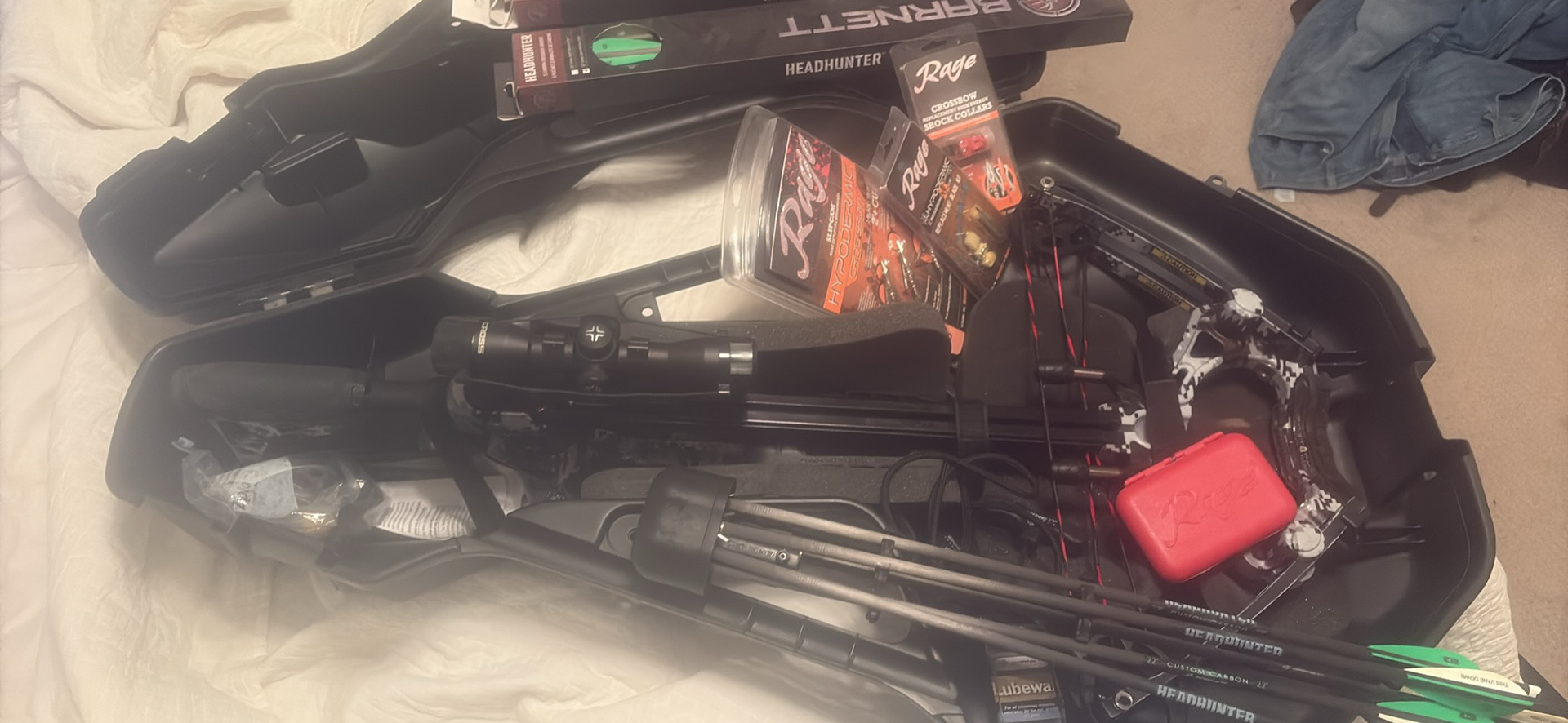 Barnett TS390 with case, bolts, rage broadheads, scope, and accessories